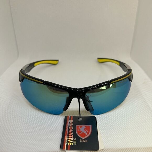 Khan Polarized Mirrored Mens Wrap Semi Rimless Sunglasses - Picture 2 of 3